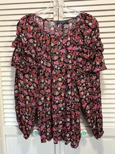 Rachel Roy Black/Red Floral Long Balloon Sleeve Keyhole Ruffle Blouse Size L
