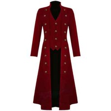 Mens Red Cotton Twill Steampunk Jacket Goth Victorian Military Style Trench Coat