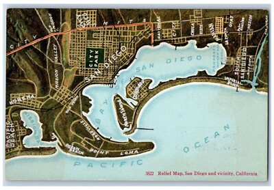 San Diego California Postcard Relief Map Vicinity Exterior c1910 Vintage Antique