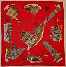 SCARF ITALY VINTAGE AUTHENTIC SOUVENIR FLORENCE PISA LANDMARKS RED 26" SQUARE