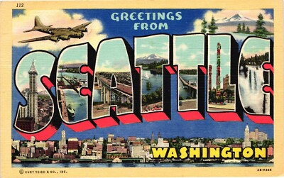Large Letters Seattle Seattle Washington Large letter Greetings Postcard 1930s Military ...