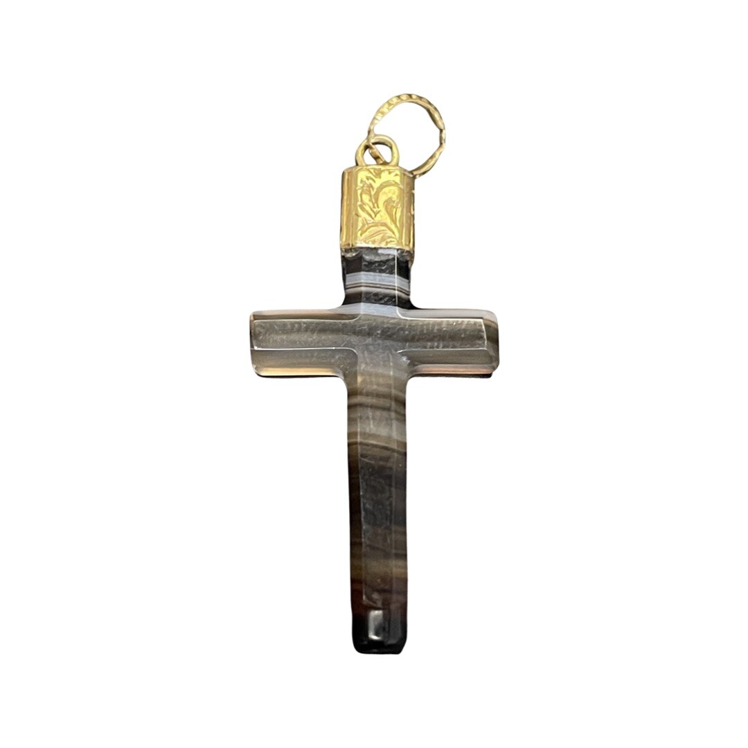 Solid 14k Yellow Gold Agate Religious Cross Necklace Pendant 35mm