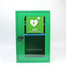 AED (Defib) Metal Cabinet. Thumb Lock & Wall Mountable. Green Casing, Clear Door