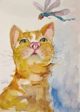 Delilah watercolor collectible original impressionism cat dragonfly insect pet