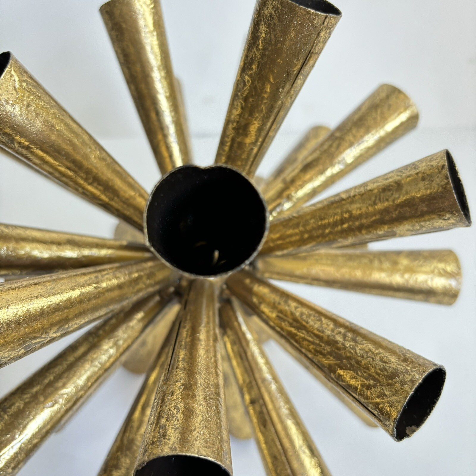 2 Metal Starburst Sputnik Style Tube Sculptures 10” And 8” Gold Tone Vintage