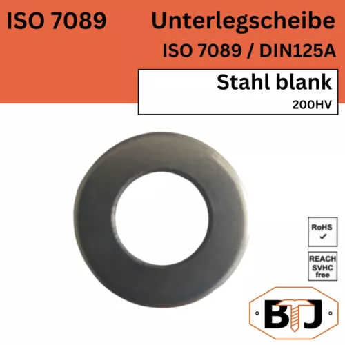 Unterlegscheiben ISO7089 HV200 Stahl blank M1,6 - M36 Beilagscheiben DIN 125A