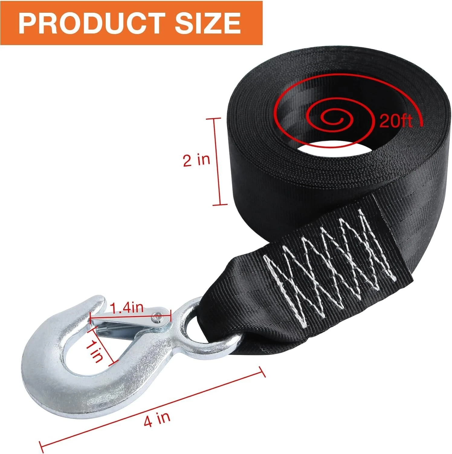HEAVY DUTY BOAT TRAILER TOW REPLACEMENT WINCH STRAP ROPE 2" x20' WITH SNAP HOOK