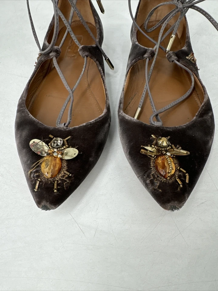 Aquazzura Mujer Marrón Terciopelo Cuentas Con Cordones Punta Plana Talla 36 Foto 2 de 4