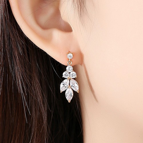 Pendientes colgantes hoja rellenos oro rosa 18k/oro blanco brillantes piedras preciosas blancas - Imagen 6 de 8