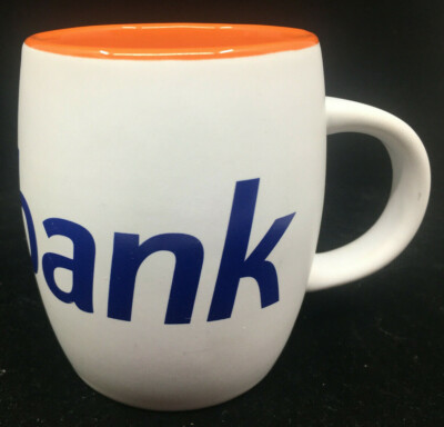 Coffee Mug Cup Rabobank Rabo Bank White Blue Lettering Orange Pepperdine Colors