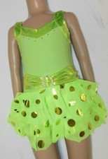 LIME 4Pc dance costume booty unitard faux rhinestone belt ruffled spangled skirt