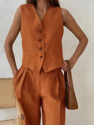 Women's Linen Cotton Vest and Pants Fashionable Summer Two-piece Set - Picture 18 of 25