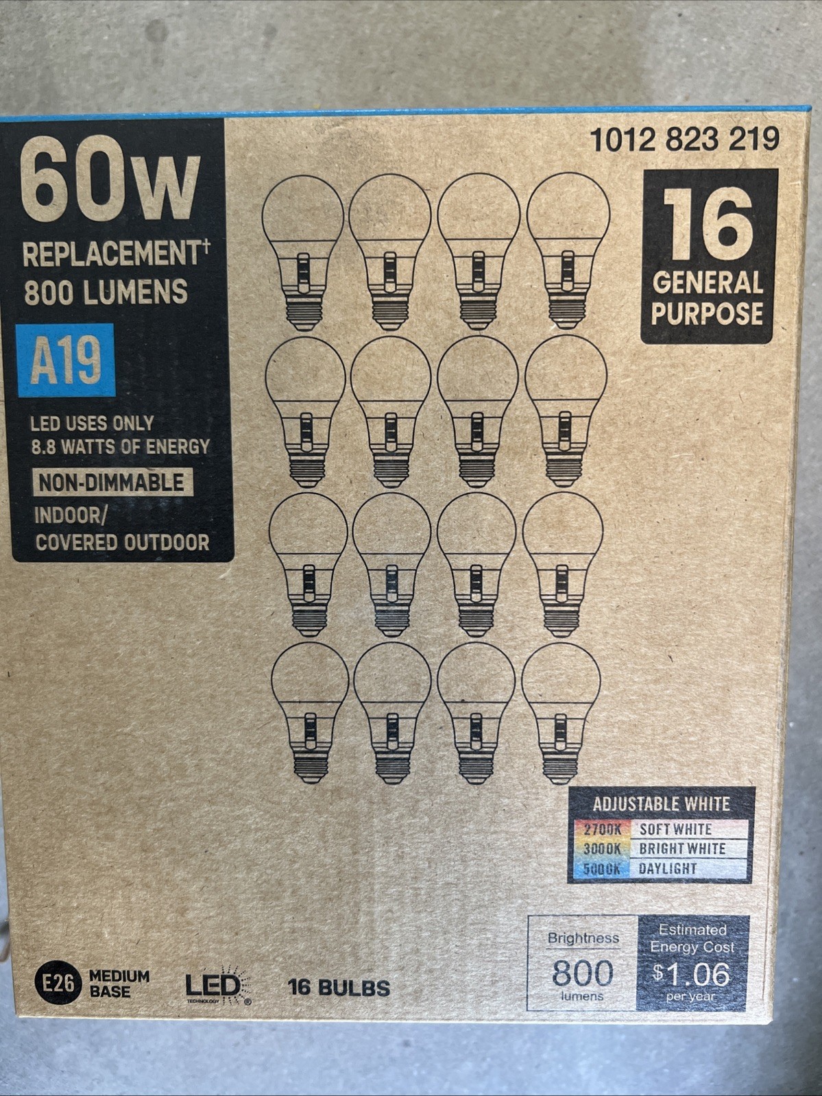 60w A19 Adjustable White LED Non-Dimmable 16-Pack E26 Base 800 lumens