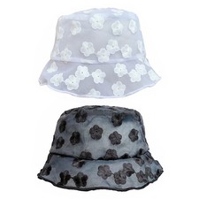Women Sheer Lace Bucket Hat Floral Embroidery Ruffle Edge Foldable Fisherman Cap