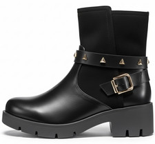 LADIES BIKER BOOTS PUNK STUDDED LOW CHUNKY PLATFORM HEEL ANKLE BOOTS SHOES SIZE
