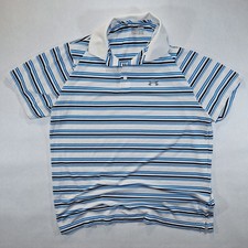 Under Armour Men's XL White Blue Striped Heatgear Short Sleeve Golf Polo Shirt