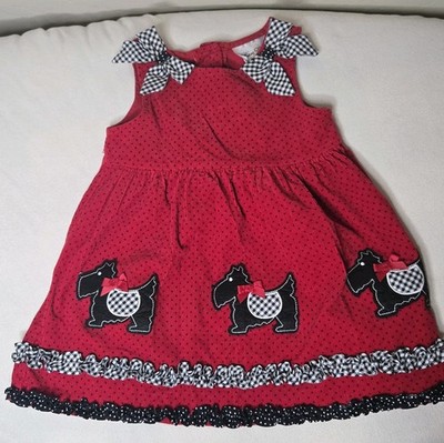 Rare Editions Corduroy Dress 2T Scottie Dogs Red Black Ruffles Bows Christmas