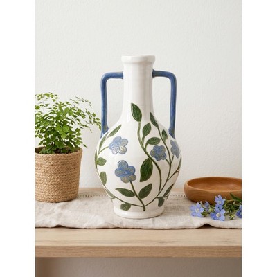 Floral Amphora Ceramic Vase 12.8'' Tall, Blue Green White, 7.1x7.1x12.8''