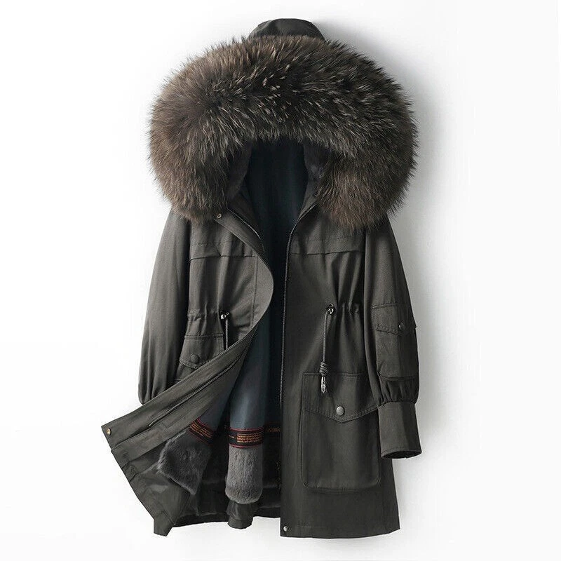 Women Rex Rabbit Fur Lining Parka Jacket Coat Real Fox Fur Collar Hooded Outwear - Image 3 of 4