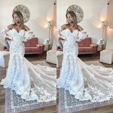 Boho Mermaid Wedding Dresses V Neck Lace Appliques Sweep Train Bridal Gowns