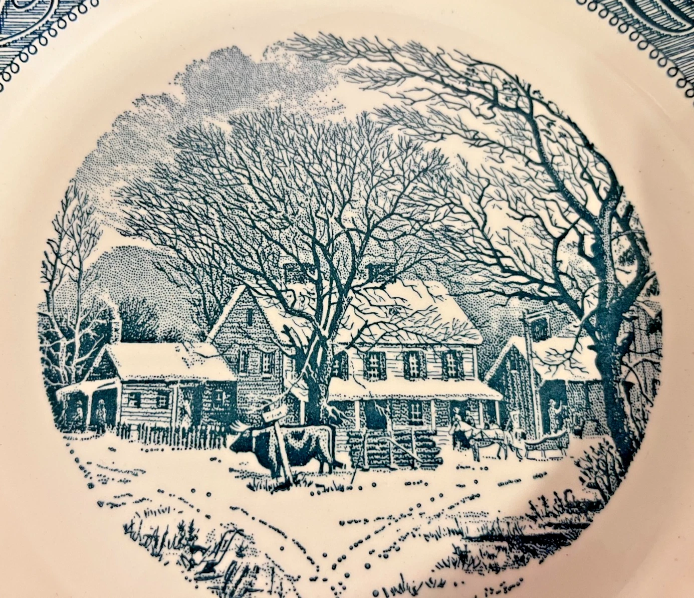 Royal China Co. EARLY WINTER Blue & White PIE DISH (CURRIER & iVES)