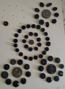 Vintage Black Buttons Salesman Sample Board 61 Buttons Some Glass Silver Tone