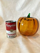 Blenko Glass Optic Amber Pumpkin 6.5 in. Acid Etched 2009 & Signed Walter Blenko