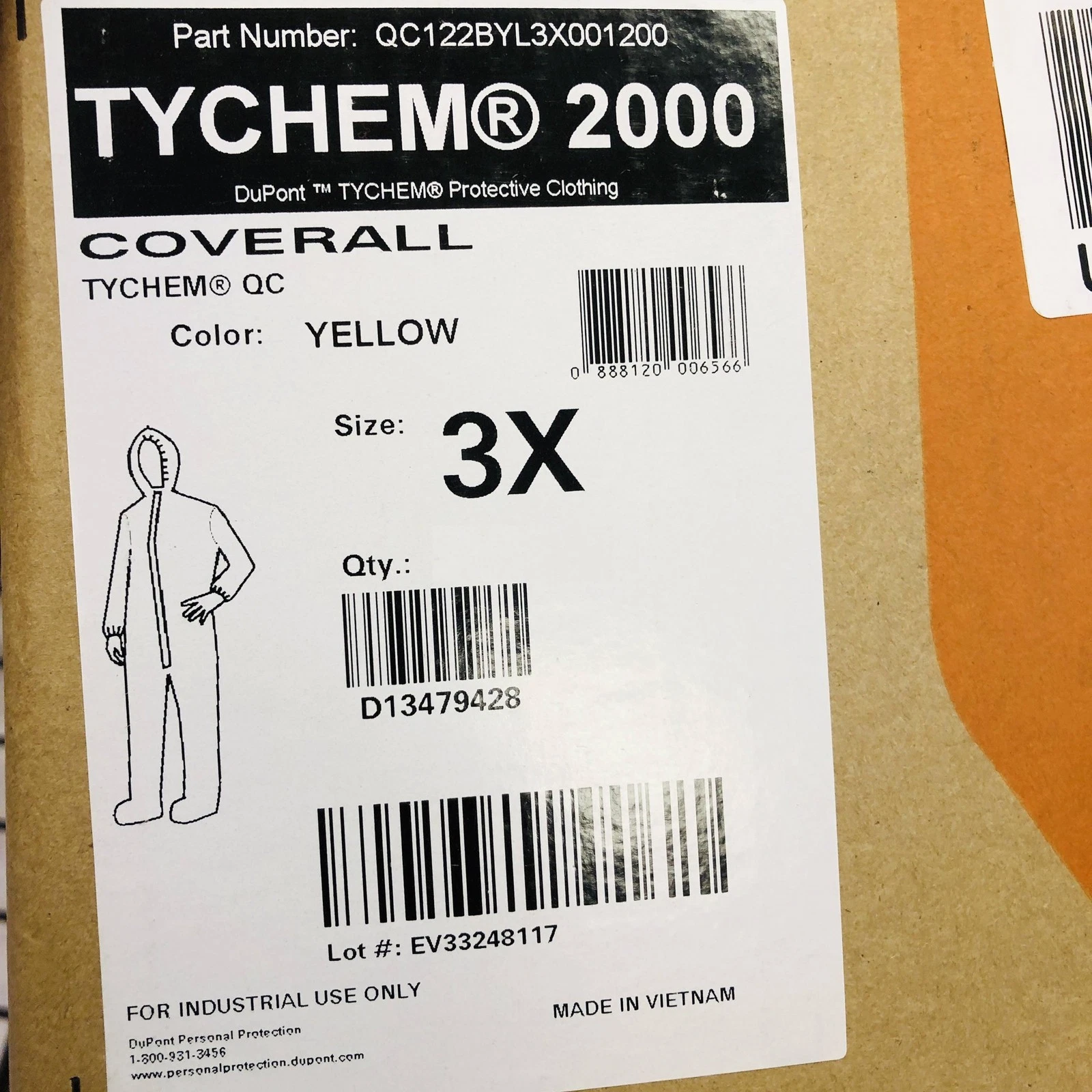 Dupont Tychem 2000 Hazmat Coverall Suit 3XL Hooded Yellow QC122BYL3X001200 1pk - product detail image 4