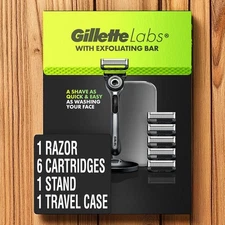 Gillette Labs Razor with Exfoliating Bar 6 Cartridges Stand Travel Case NEW 