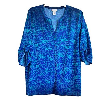 Catherine s Sz 1X 18/20W Blue Floral Button Front 3/4 Sleeve Blouse Top