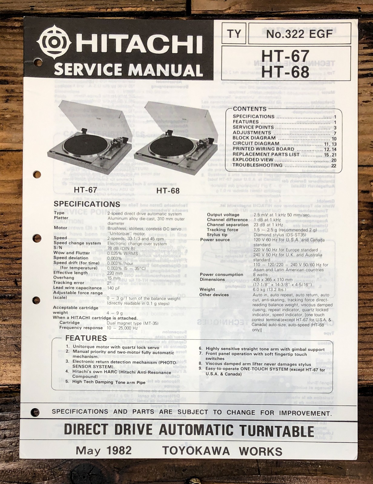 Hitachi HT-67 HT-68 Record Player / Turntable Service Manual *Original*