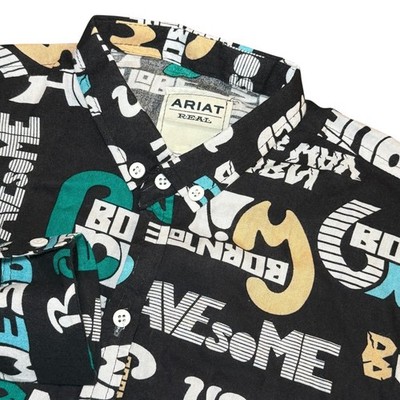 Ariat Real Mens M Born To Be Awesome Typographic Print Button Down Shirt Black