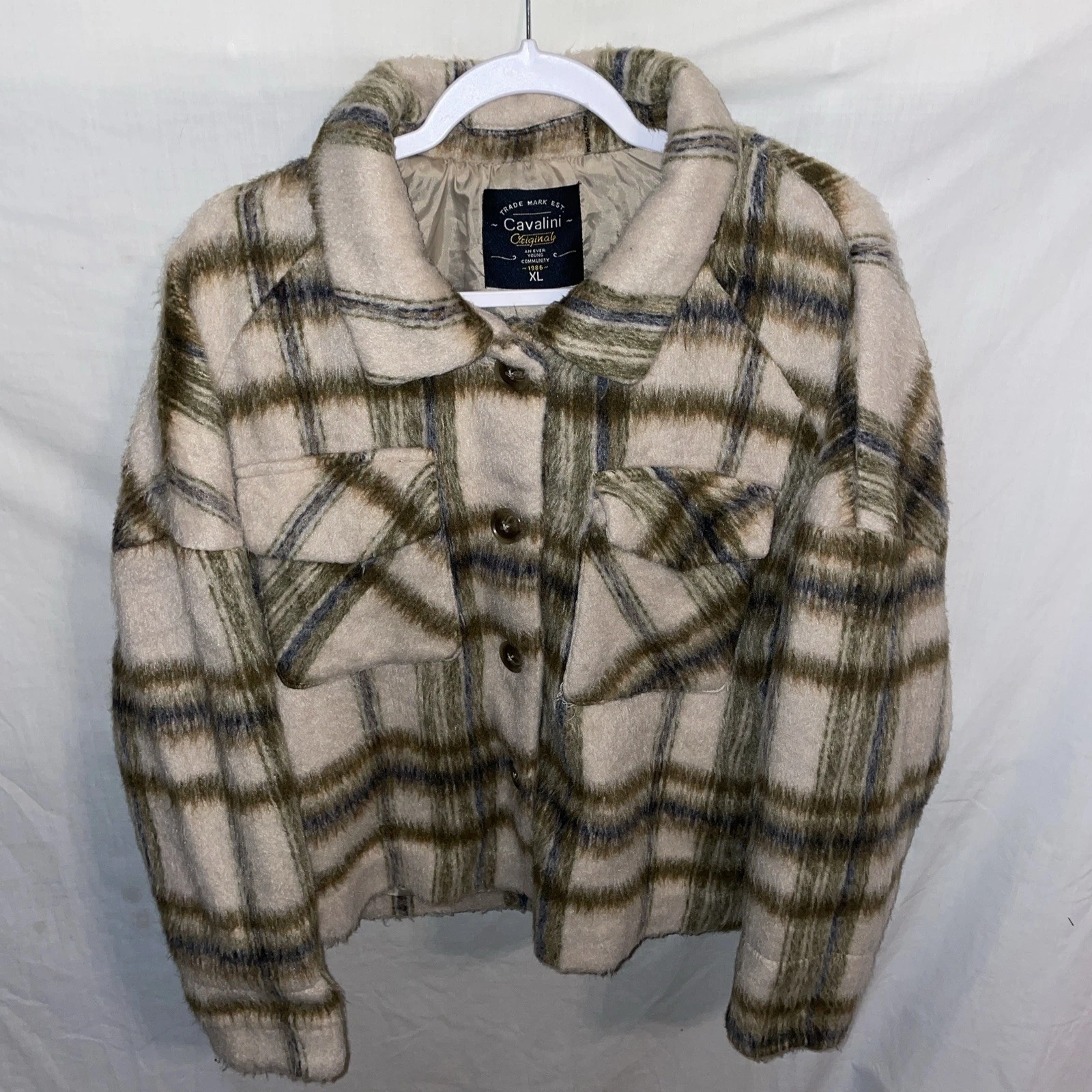 Cavalini Mens Fleece Jacket Size XL Beige Plaid Outdoors Warmth Comfort