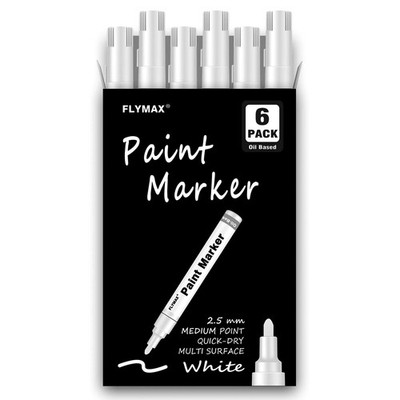 White Paint Pens, 6 Pack 2.5mm Medium Tip White Paint Marker Permanent for Wo...