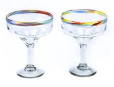 16 oz Hand Blown Mexican Margarita Glasses Set of 2 - Multicolor Confetti Rim...