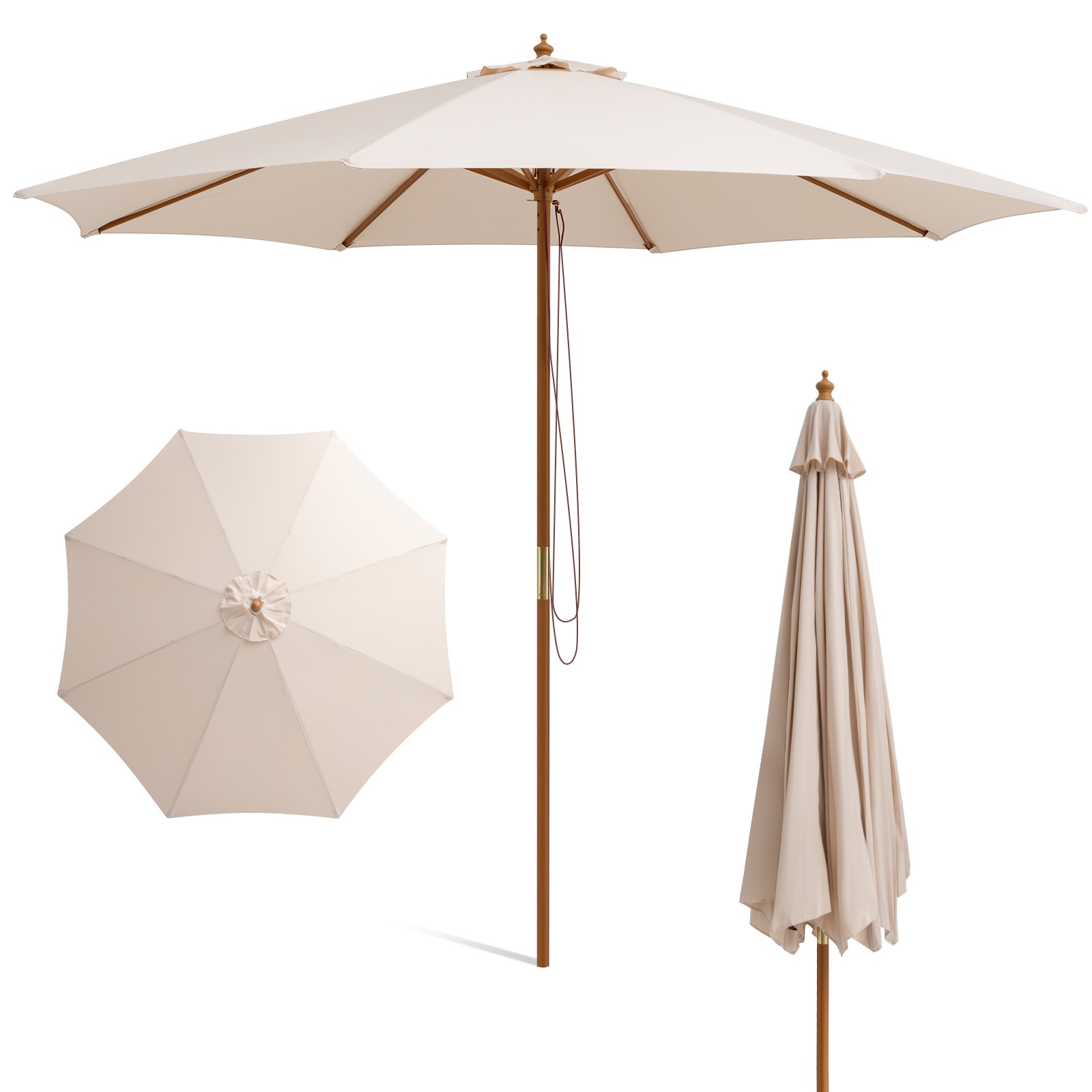 10FT Patio Wooden Market Table Umbrella Pulley w/8 Bamboo Ri