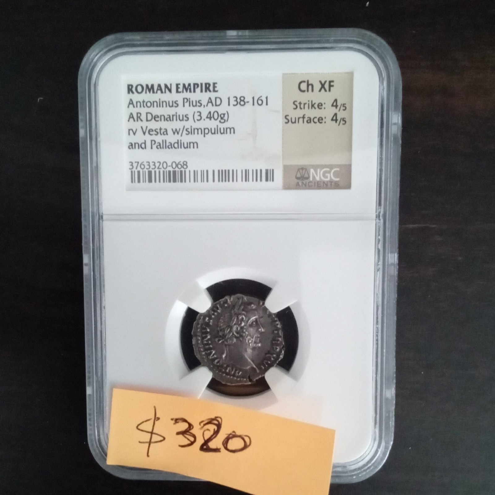 Antoninus Pius Silver Denarius NGC Ch XF AD 138-161 rv Vesta Palladium