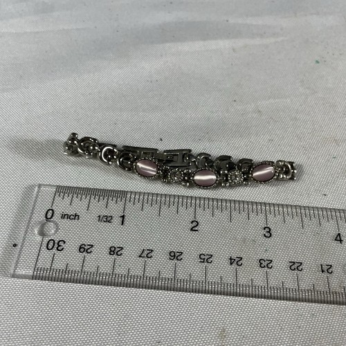 Vintage Silver Tone Pink Cat’s Eye & Rhinestone Bracelet 7” Floral Design - Picture 4 of 4
