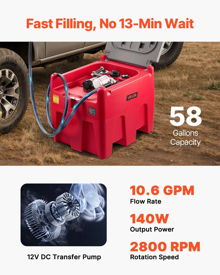 VEVOR Portable Diesel Tank 58Gal Diesel Fuel Tank with 12V Transfer Pump 10.6GPM Foto 3 de 4