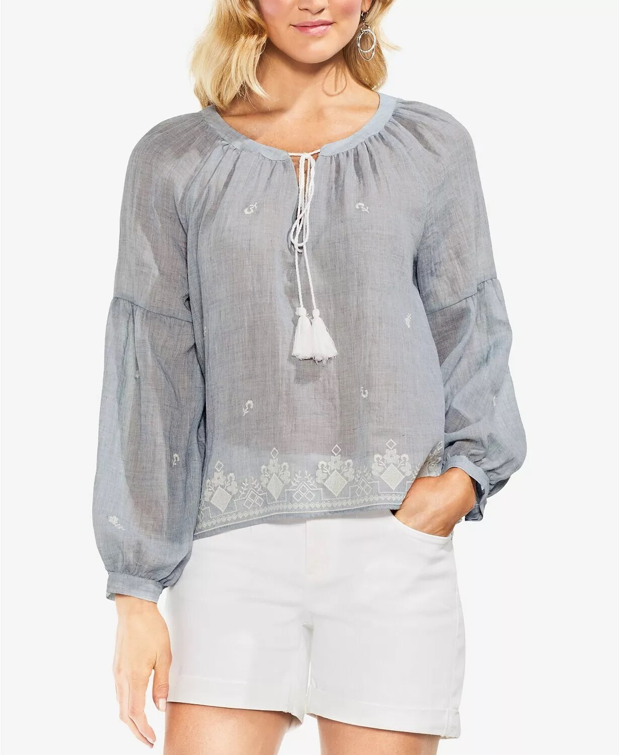 Vince Camuto Embroidered Peasant Gauze Grey Blouse Tunic Size XS NWT