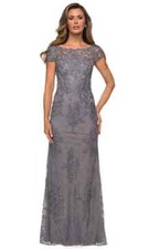 La Femme Dark Platinum Embroidered Beaded Lace Sheath Gown Size 8 598