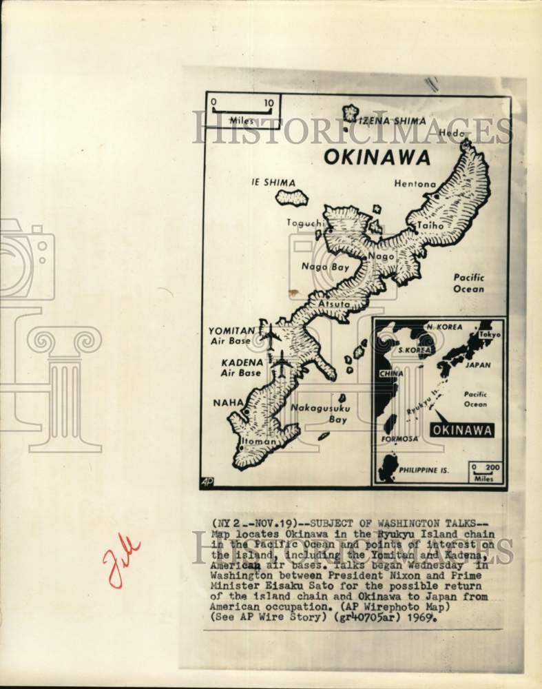 1969 Press Photo Map locates Okinawa in Ryukyu Island Chain 1969 Press Photo Map locates Okinawa in Ryukyu Island Chain