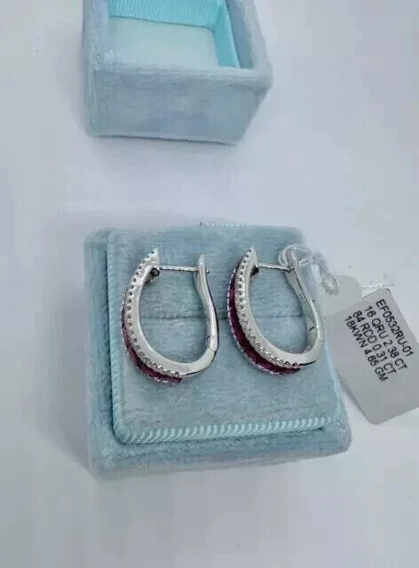 Created Red Ruby 2Ct Princess Diamond Hoop Huggie Earrings 14K White Gold Plated - Image 4 of 4