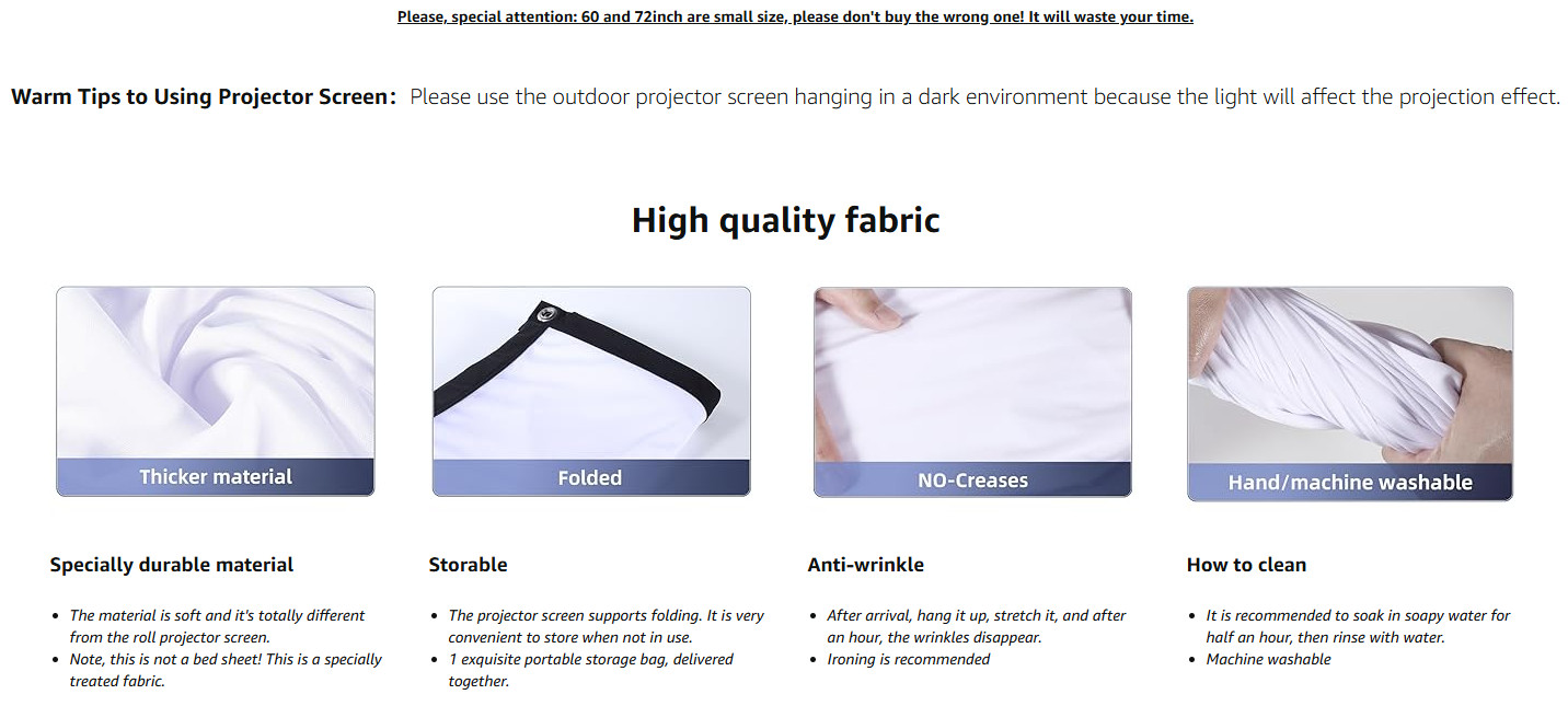 Projector Screen 4K 16:9 HD Rear Front Screens 60" Foldable Projection Screen