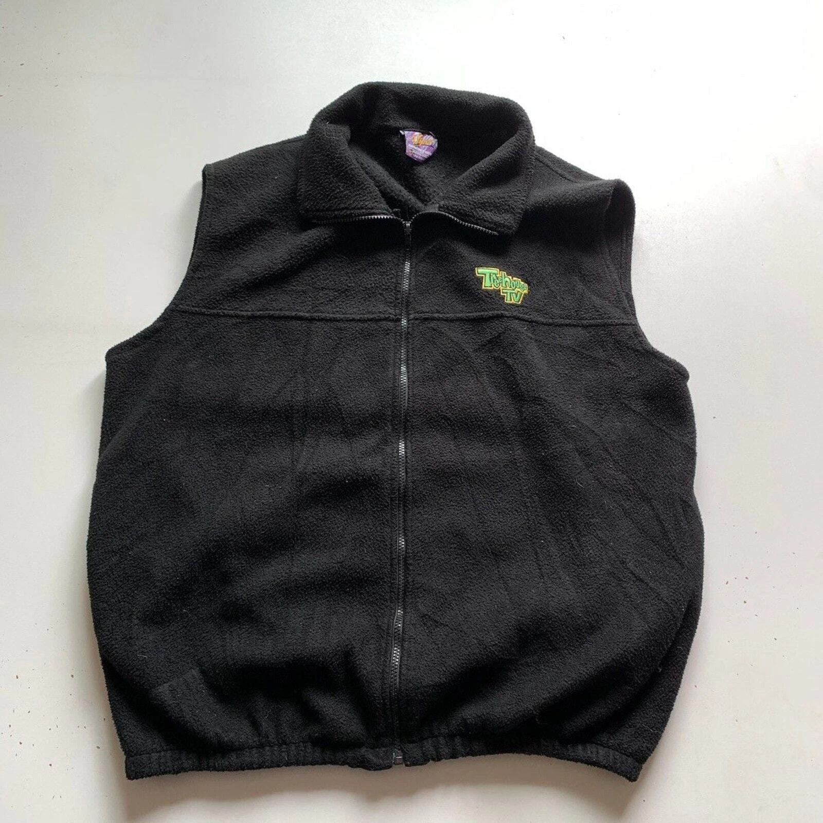 Vintage 2000s Treehouse TV Promo Graphic Zip Up Fleece Vest Men's Large Black