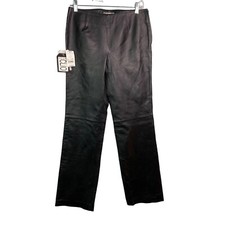 NWT vintage Clio black satin lined straight leg leather pants flat front women 6