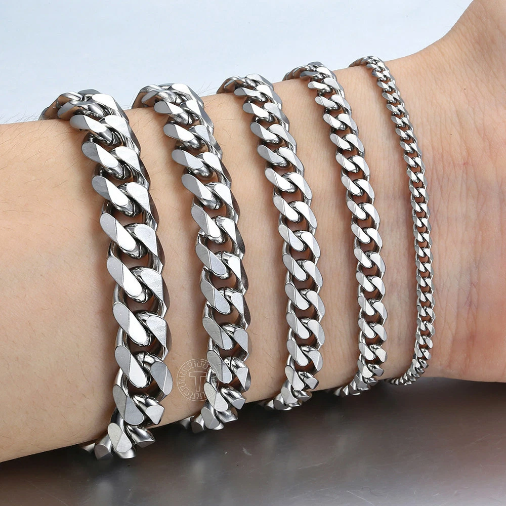 Silver Stainless Steel Curb Cuban Link Chain Bracelet Unisex Women Men  7-11inch | eBay