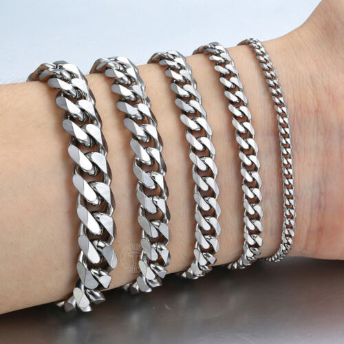 Silver Stainless Steel Curb Cuban Link Chain Bracelet Unisex Women Men 7-11inch - Afbeelding 1 van 19