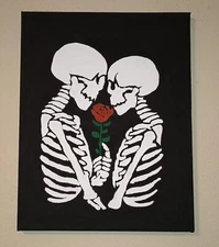 Handpainted Skeleton Couple Acrylic Painting On Canvas Wall Decor 11x14"