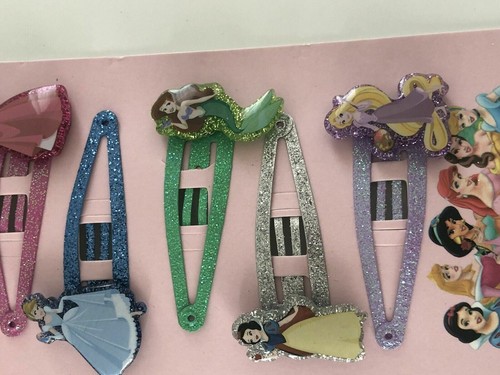 NEW Girl Kids Children 6 Princesses Ariel Snow white Snap Hair Clips Pin Set - Afbeelding 10 van 11
